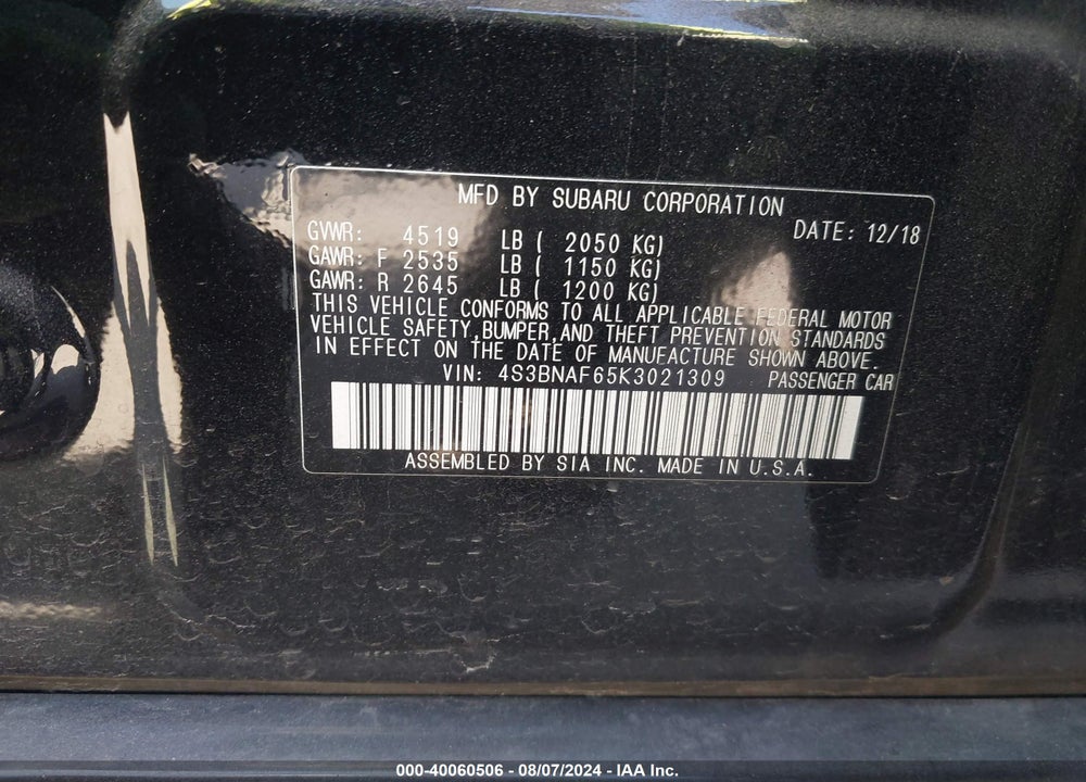 2019 SUBARU LEGACY 2.5I PREMIUM VIN: 4S3BNAF65K3021309