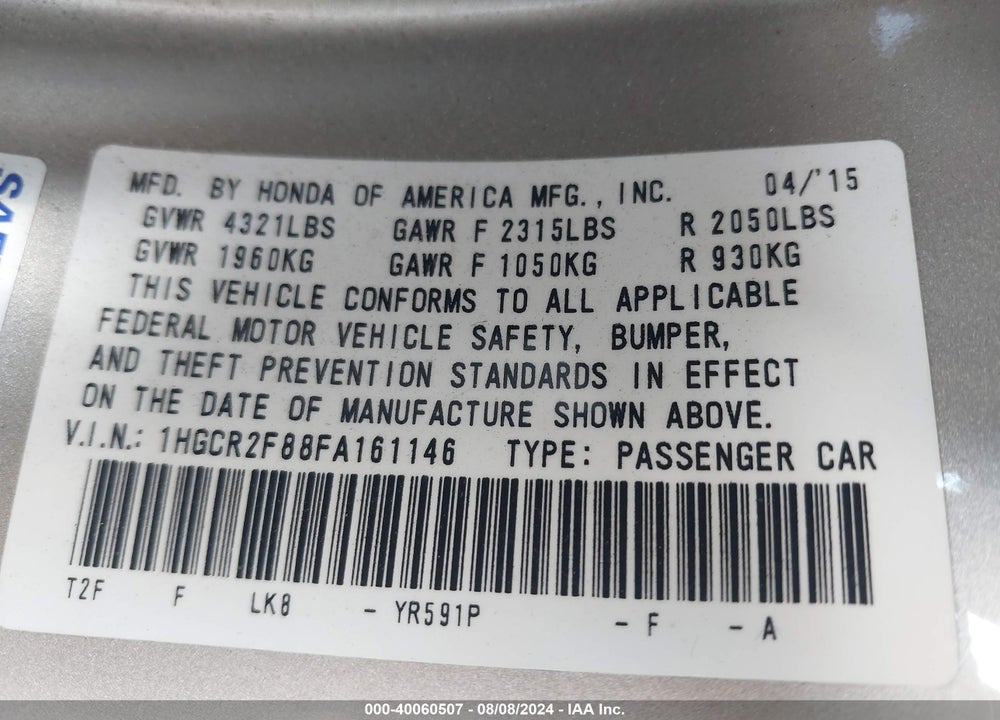 2015 HONDA ACCORD EX-L VIN: 1HGCR2F88FA161146
