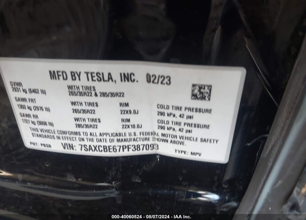 2023 TESLA MODEL X PLAID TRI MOTOR ALL-WHEEL DRIVE VIN: 7SAXCBE67PF387093