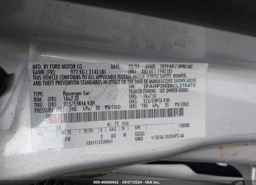 2012 FORD FOCUS SEL VIN: 1FAHP3M28CL316475