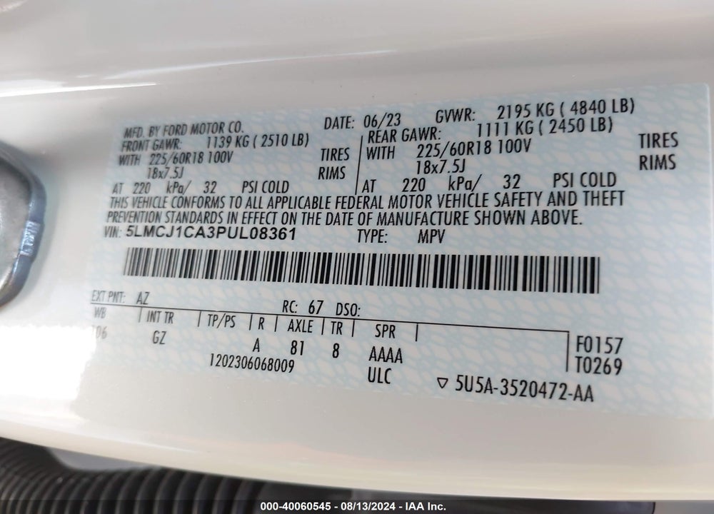 2023 LINCOLN CORSAIR STANDARD VIN: 5LMCJ1CA3PUL08361