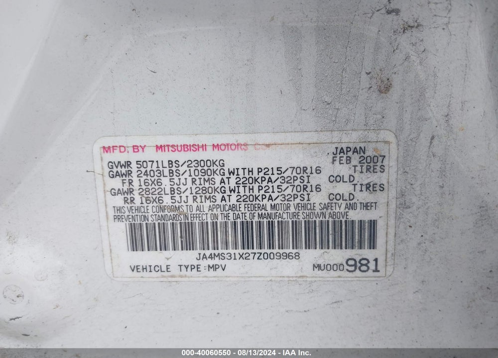 2007 MITSUBISHI OUTLANDER ES/LS VIN: JA4MS31X27Z009968