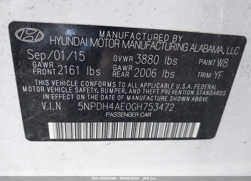 2016 HYUNDAI ELANTRA SE VIN: 5NPDH4AE0GH753472