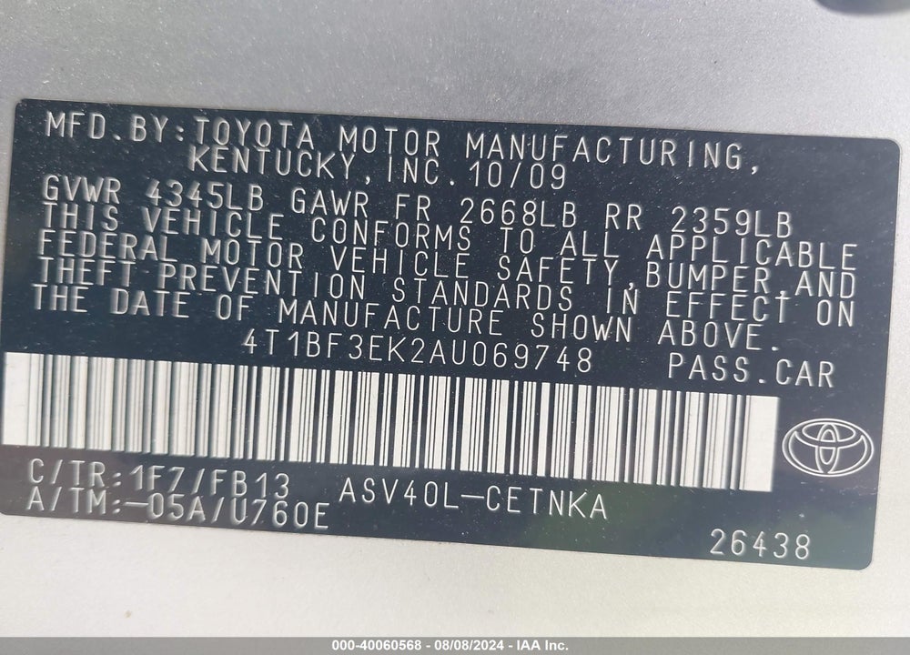 2010 TOYOTA CAMRY VIN: 4T1BF3EK2AU069748