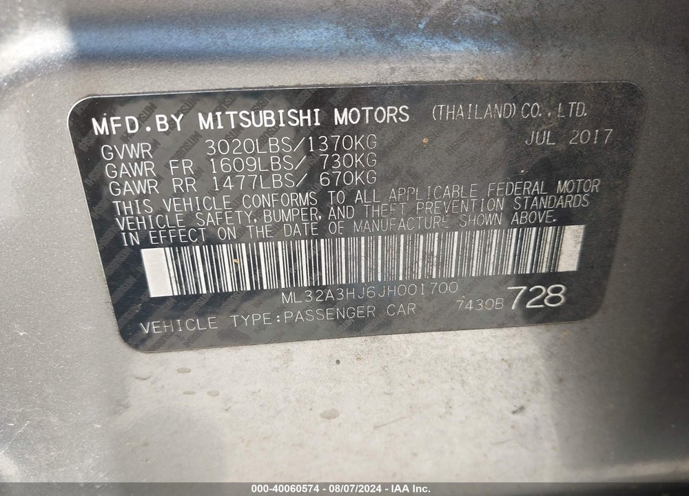 2018 MITSUBISHI MIRAGE ES VIN: ML32A3HJ6JH001700