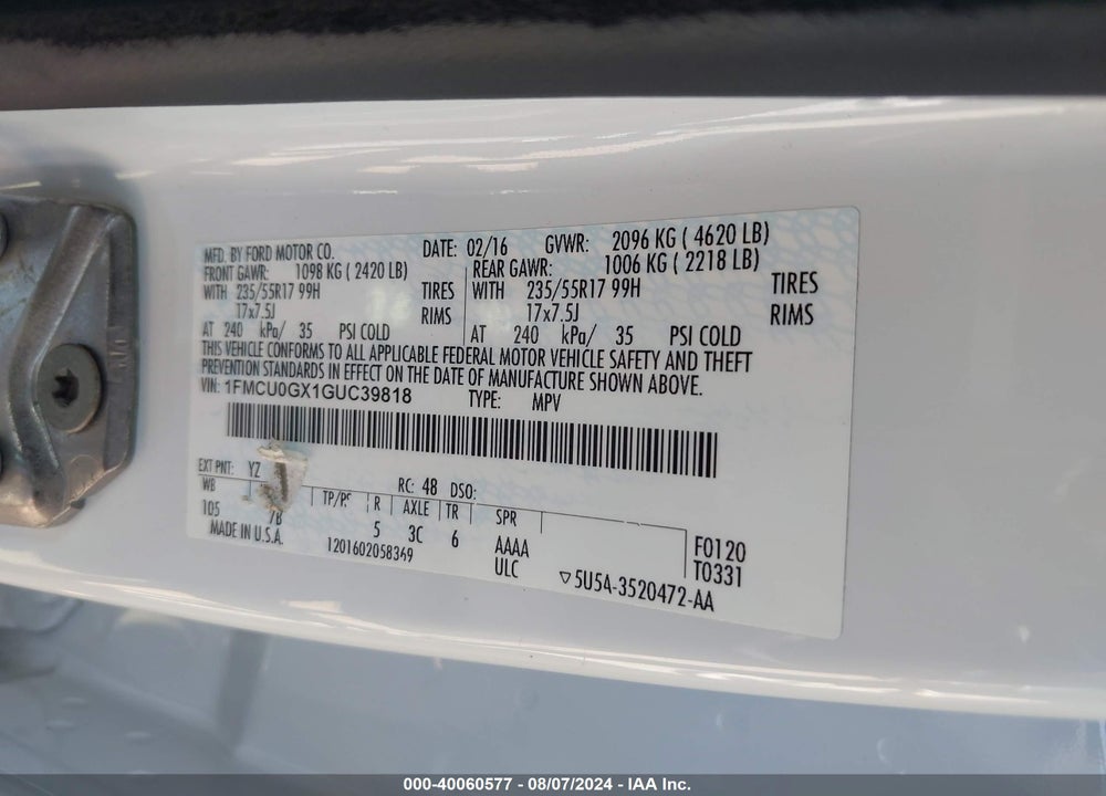 2016 FORD ESCAPE SE VIN: 1FMCU0GX1GUC39818