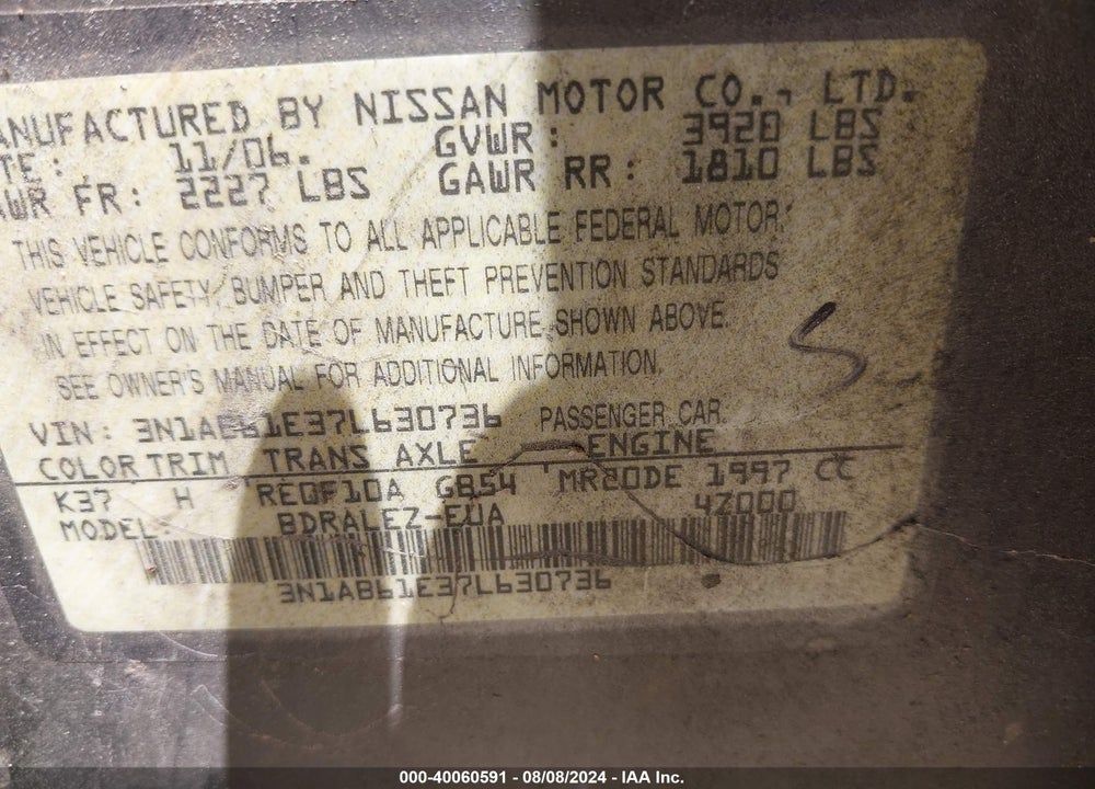 2007 NISSAN SENTRA 2.0S VIN: 3N1AB61E37L630736