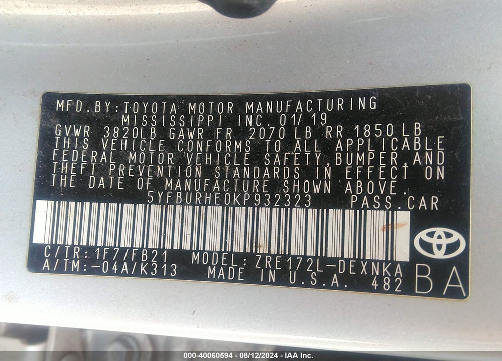 2019 TOYOTA COROLLA LE VIN: 5YFBURHE0KP932323