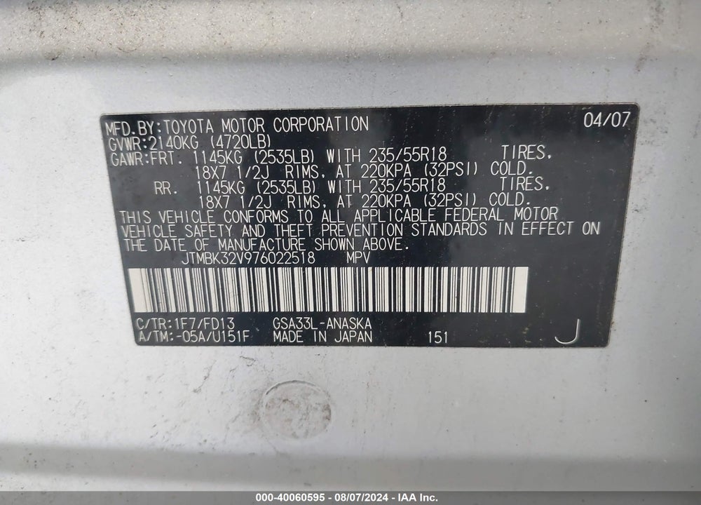 2007 TOYOTA RAV4 SPORT V6 VIN: JTMBK32V976022518