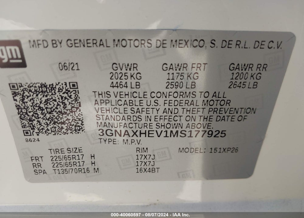 2021 CHEVROLET EQUINOX FWD LS VIN: 3GNAXHEV1MS177925