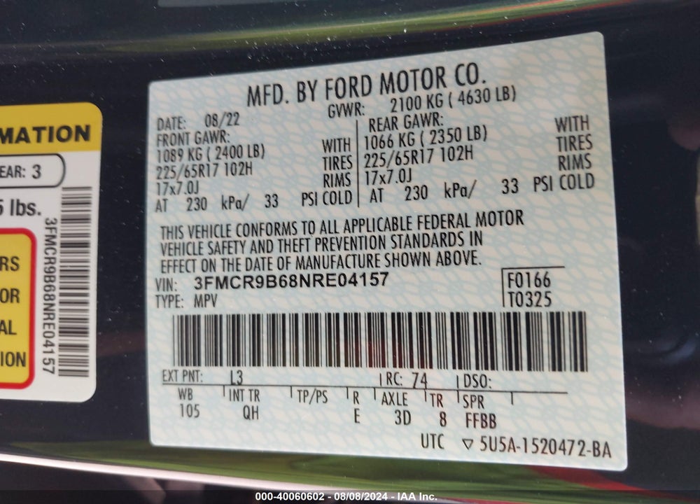 2022 FORD BRONCO SPORT BIG BEND VIN: 3FMCR9B68NRE04157
