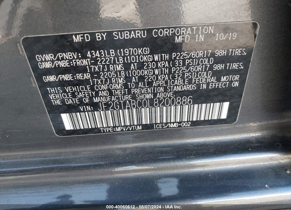 2020 SUBARU CROSSTREK VIN: JF2GTABC0L8200886