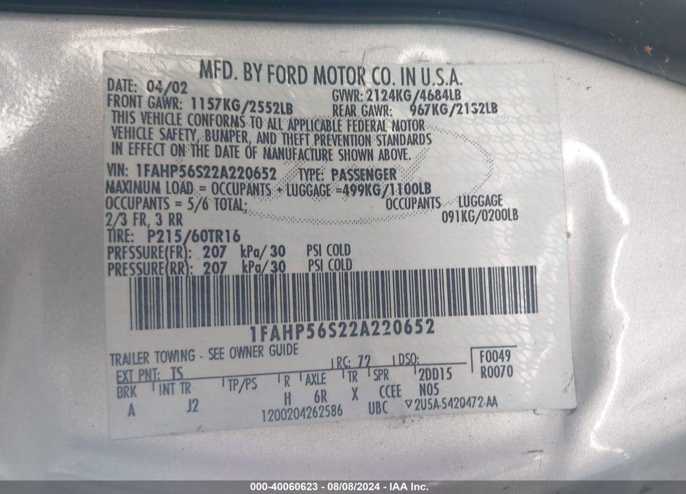 2002 FORD TAURUS SEL VIN: 1FAHP56S22A220652