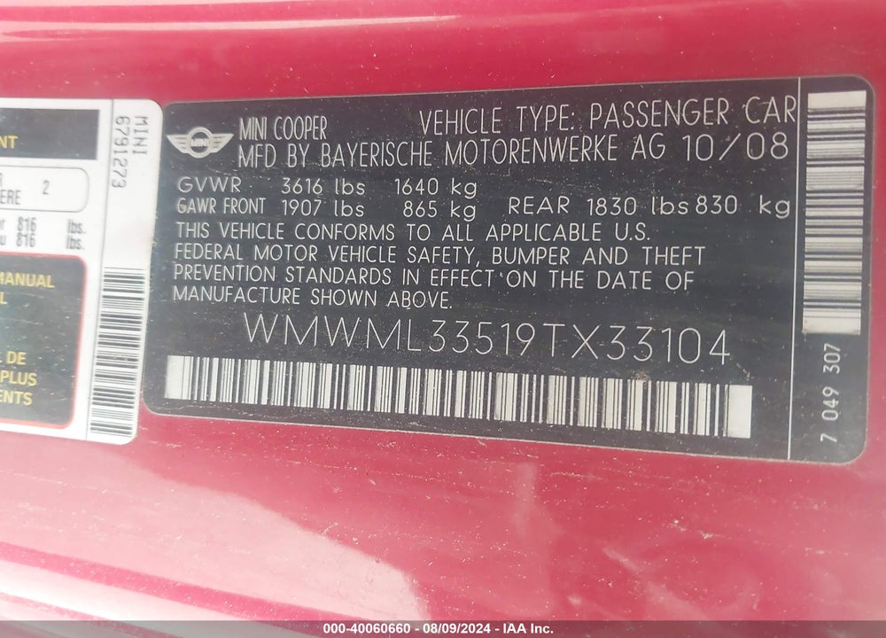 2009 MINI COOPER CLUBMAN VIN: WMWML33519TX33104