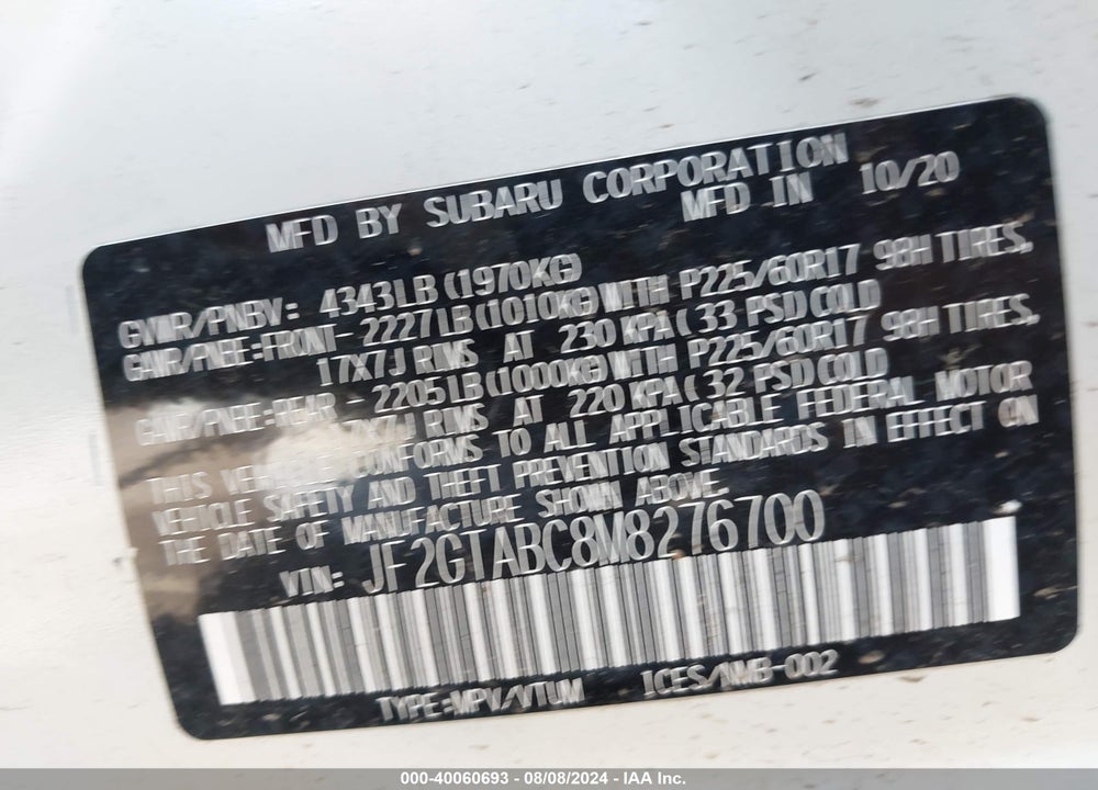 2021 SUBARU CROSSTREK VIN: JF2GTABC8M8276700