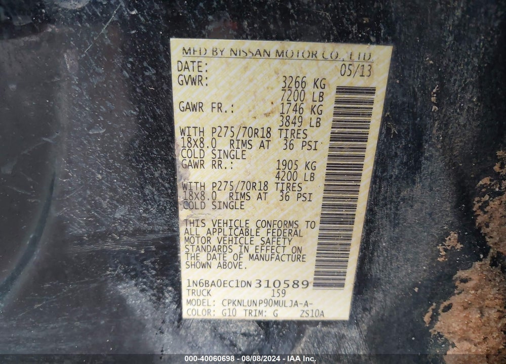 2013 NISSAN TITAN PRO-4X VIN: 1N6BA0EC1DN310589