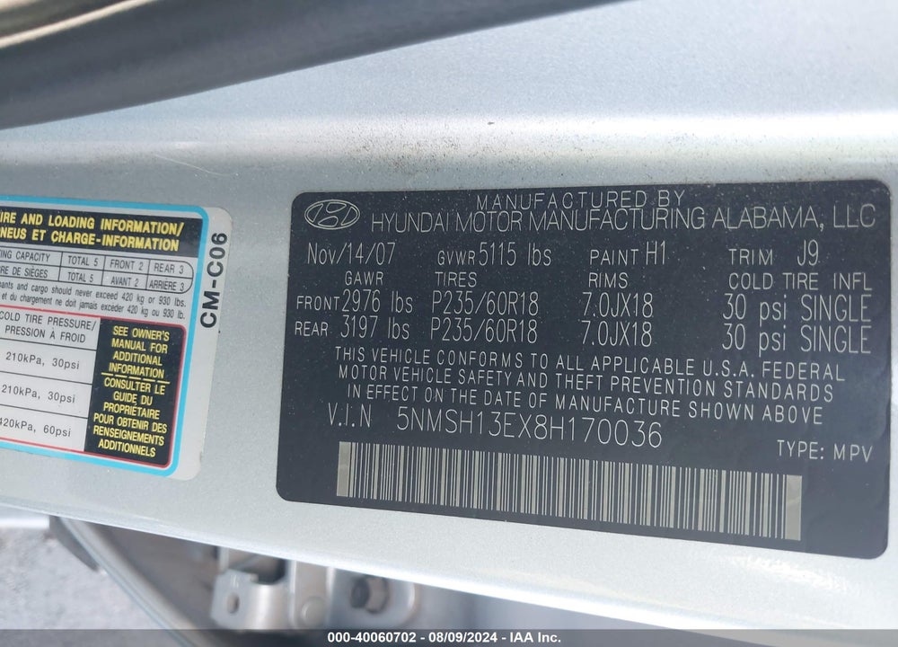 2008 HYUNDAI SANTA FE LIMITED/SE VIN: 5NMSH13EX8H170036