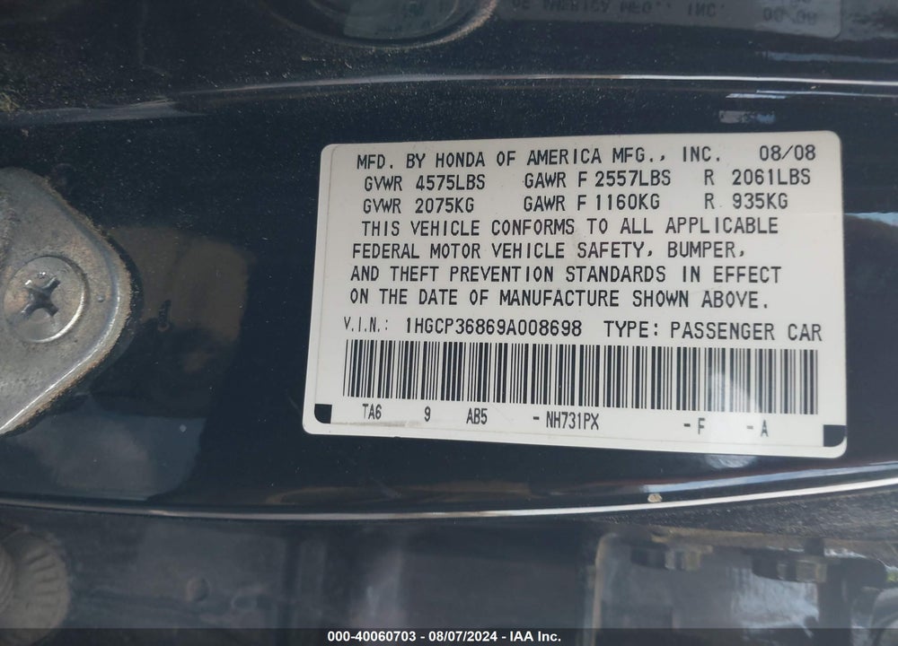 2009 HONDA ACCORD 3.5 EX-L VIN: 1HGCP36869A008698