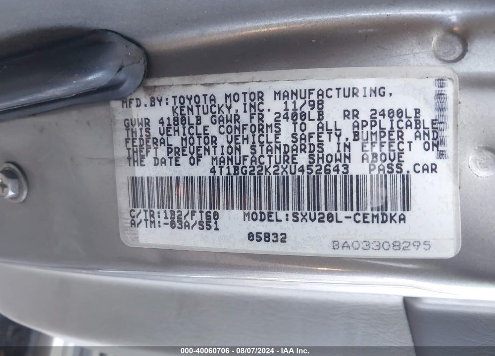1999 TOYOTA CAMRY CE VIN: 4T1BG22K2XU452643