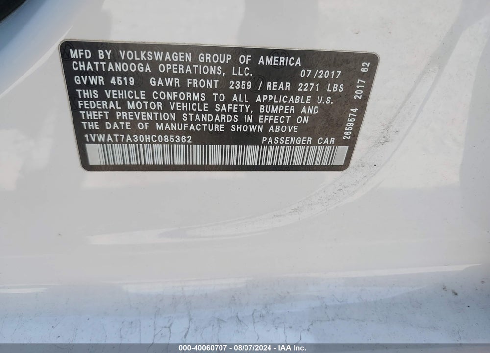 2017 VOLKSWAGEN PASSAT 1.8T S VIN: 1VWAT7A30HC085362
