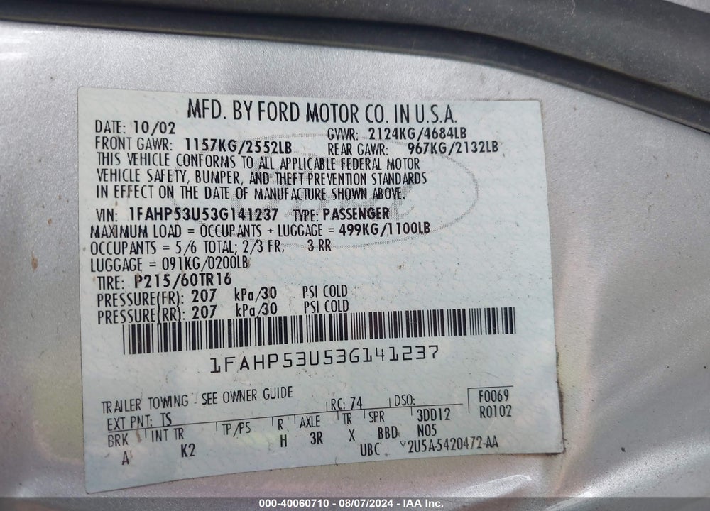 2003 FORD TAURUS SE VIN: 1FAHP53U53G141237