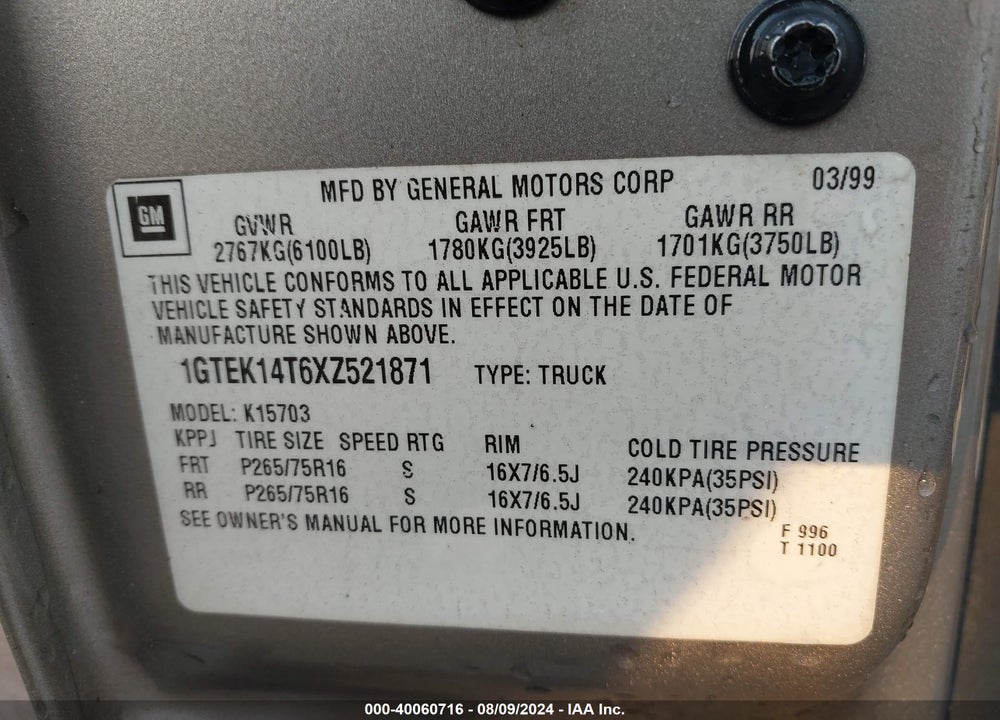 1999 GMC SIERRA 1500 SLE VIN: 1GTEK14T6XZ521871