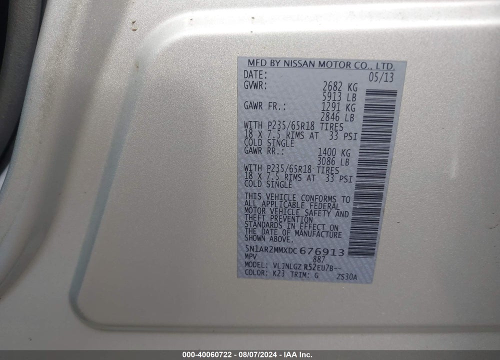 2013 NISSAN PATHFINDER SL VIN: 5N1AR2MMXDC676913
