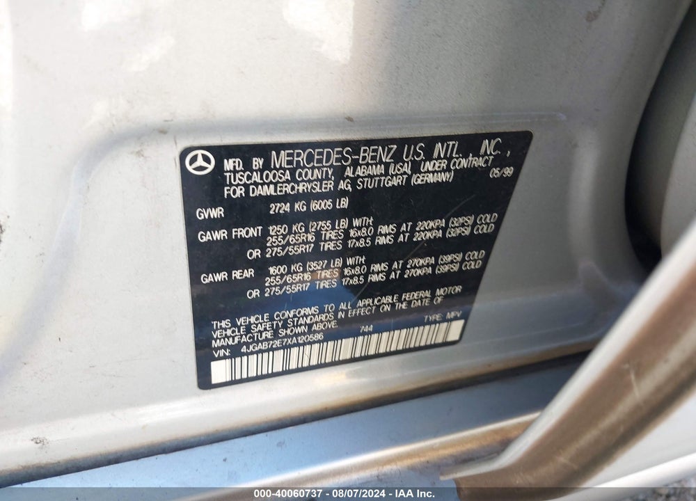 1999 MERCEDES-BENZ ML 430 VIN: 4JGAB72E7XA120586