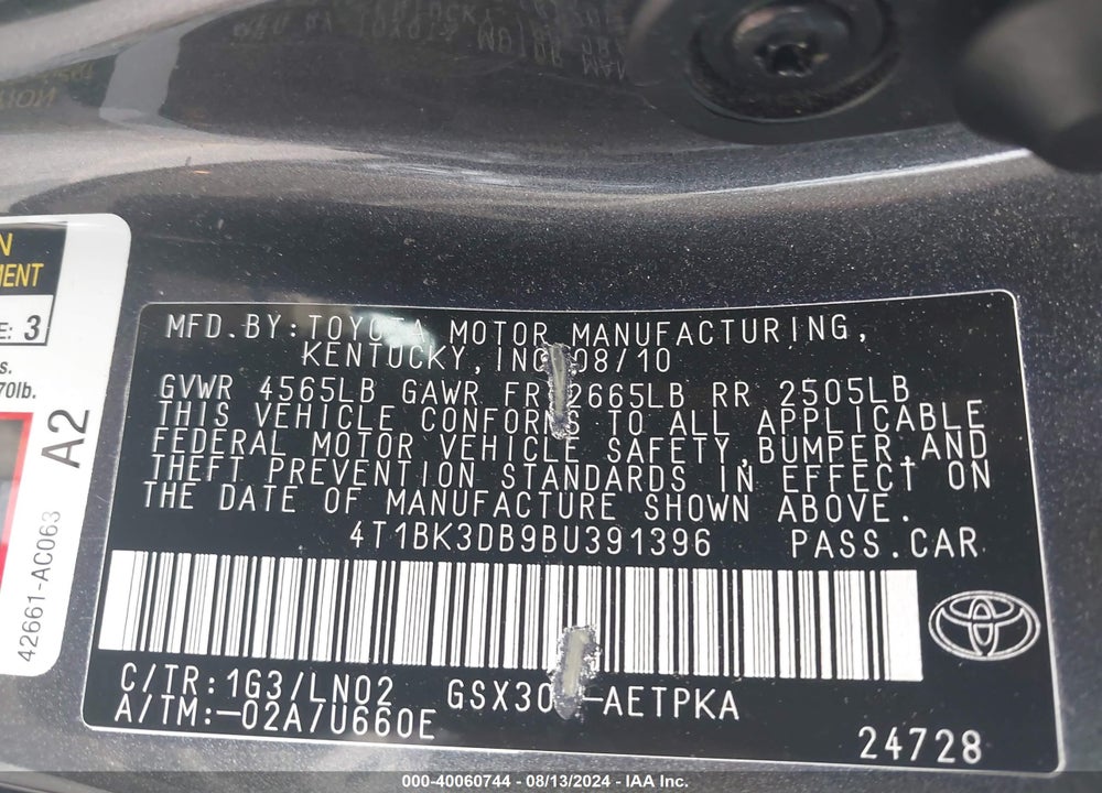 2011 TOYOTA AVALON LIMITED VIN: 4T1BK3DB9BU391396
