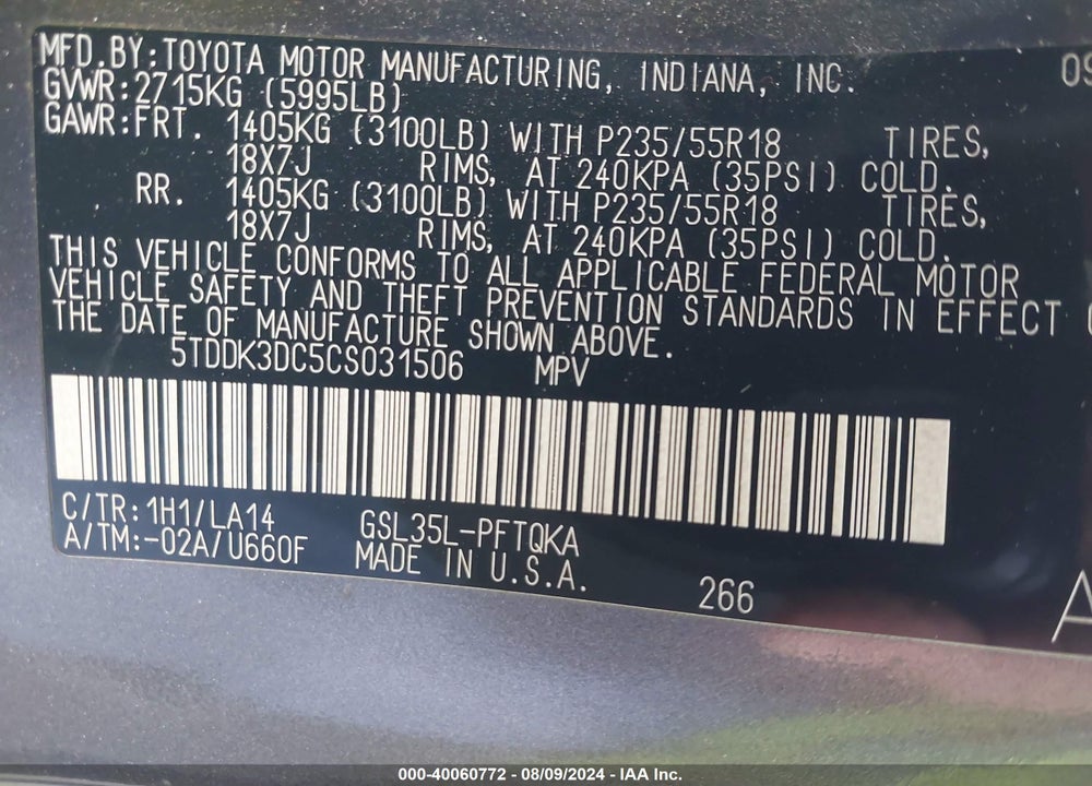 2012 TOYOTA SIENNA LIMITED 7 PASSENGER VIN: 5TDDK3DC5CS031506
