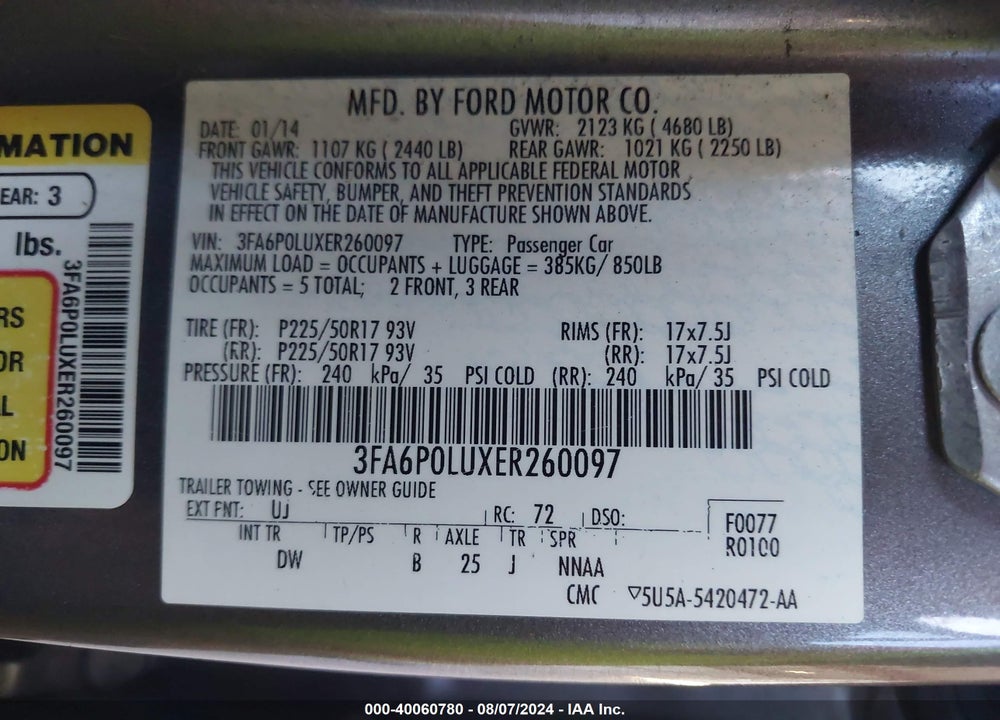 2014 FORD FUSION HYBRID SE VIN: 3FA6P0LUXER260097