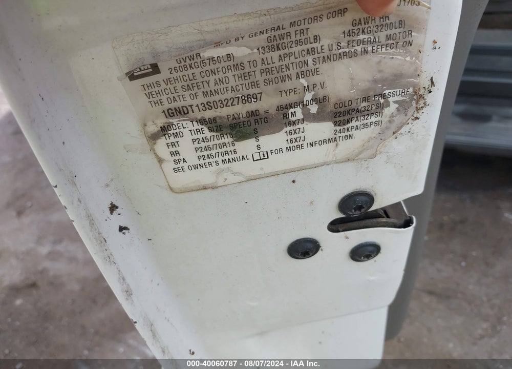2003 CHEVROLET TRAILBLAZER LT VIN: 1GNDT13S032278697
