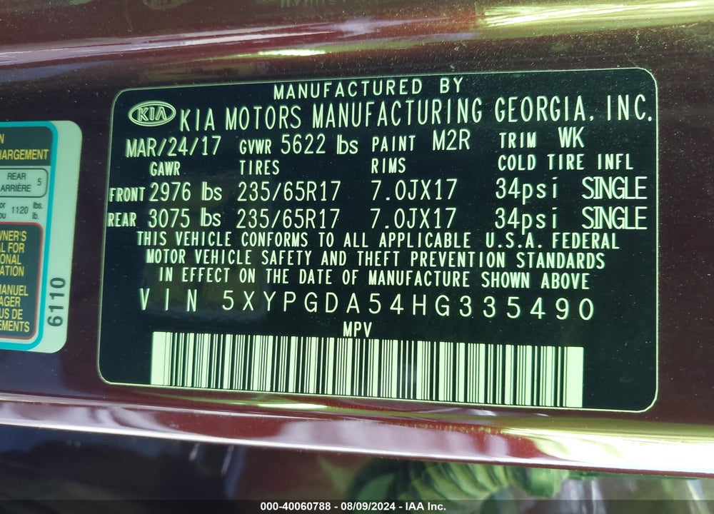 2017 KIA SORENTO 3.3L LX VIN: 5XYPGDA54HG335490