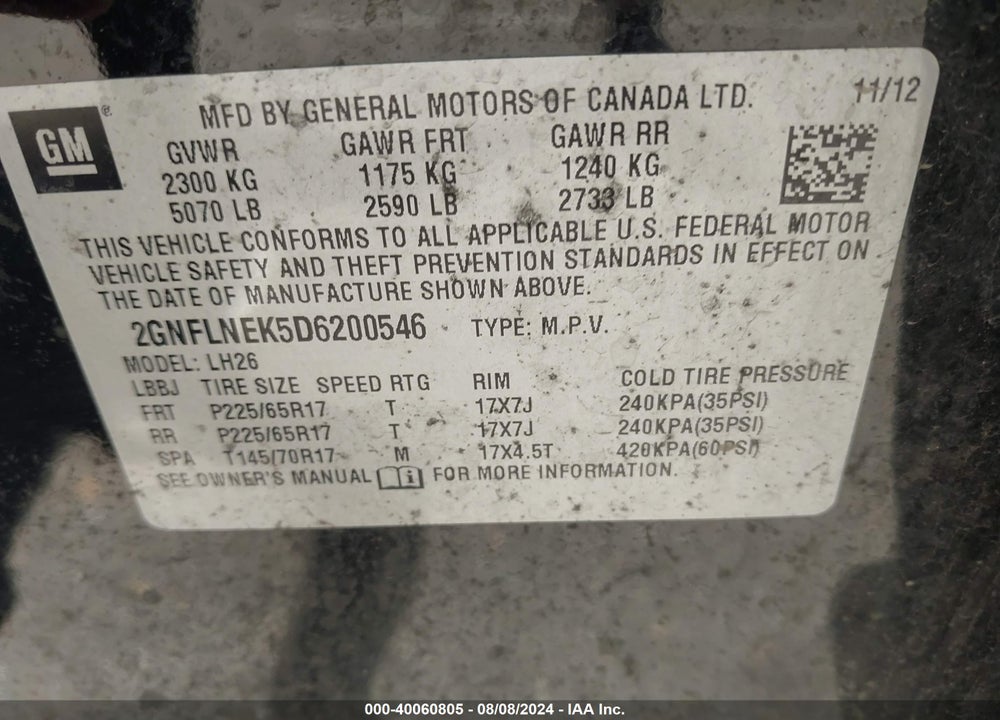 2013 CHEVROLET EQUINOX 2LT VIN: 2GNFLNEK5D6200546