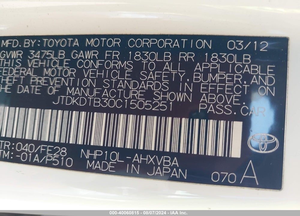 2012 TOYOTA PRIUS C ONE VIN: JTDKDTB30C1505251