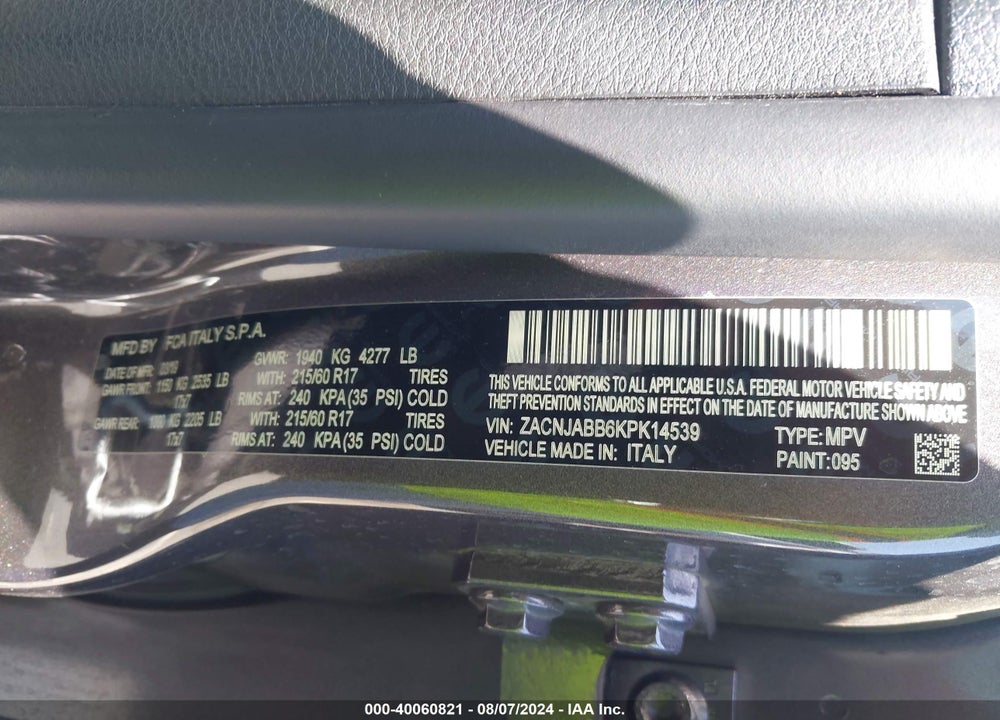 2019 JEEP RENEGADE ALTITUDE FWD VIN: ZACNJABB6KPK14539