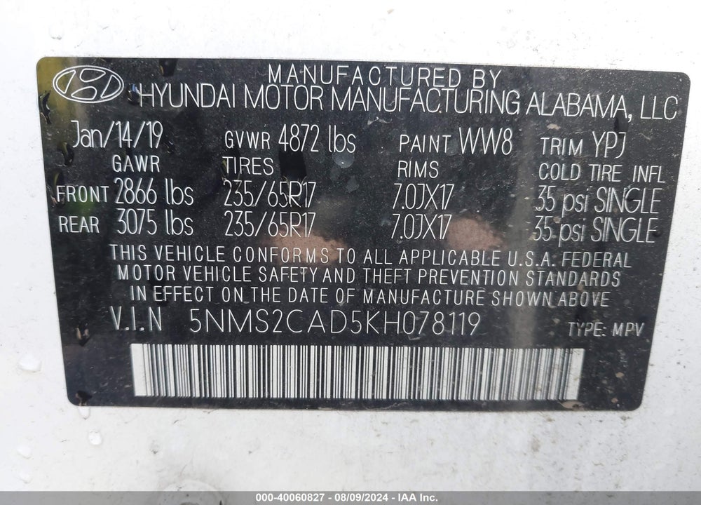 2019 HYUNDAI SANTA FE SE VIN: 5NMS2CAD5KH078119
