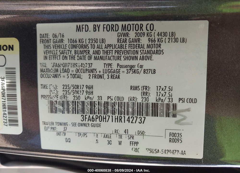 2017 FORD FUSION SE VIN: 3FA6P0H71HR142737