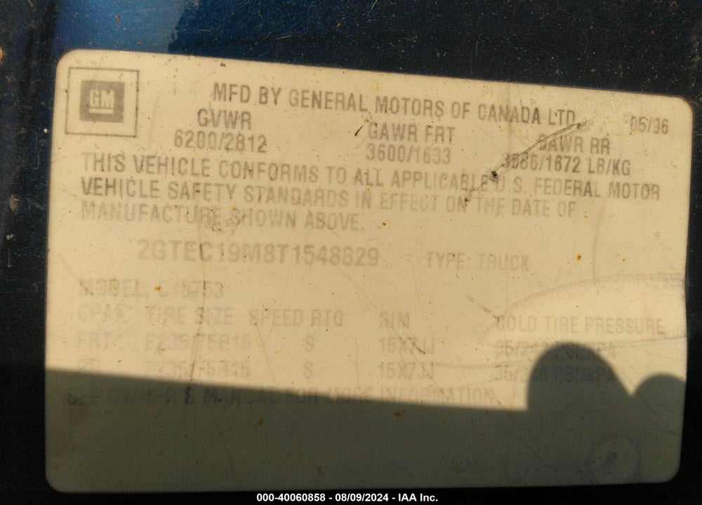 1996 GMC SIERRA C1500 VIN: 2GTEC19M8T1548829