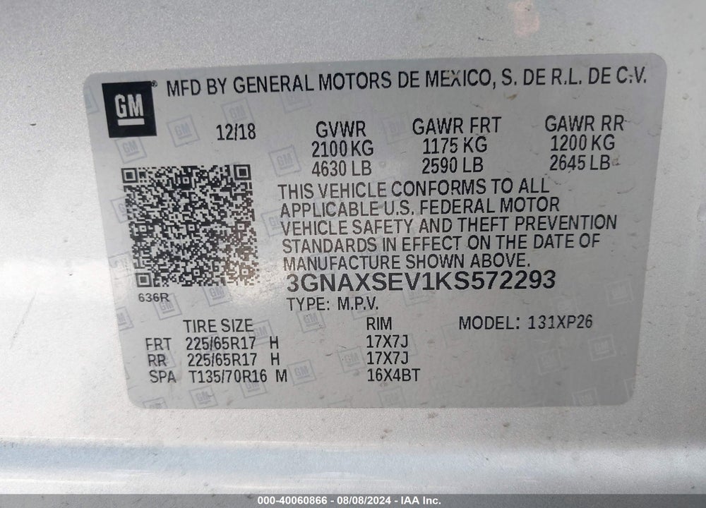 2019 CHEVROLET EQUINOX LS VIN: 3GNAXSEV1KS572293