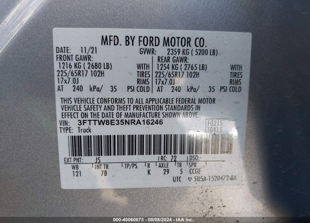 2022 FORD MAVERICK XLT VIN: 3FTTW8E35NRA16246