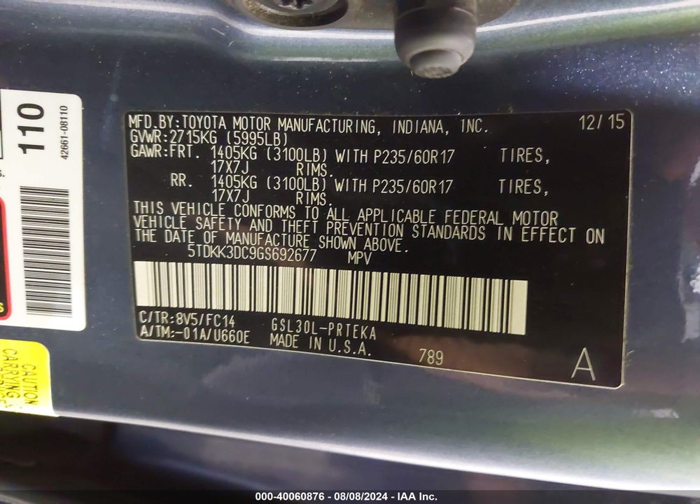 2016 TOYOTA SIENNA LE 8 PASSENGER VIN: 5TDKK3DC9GS692677