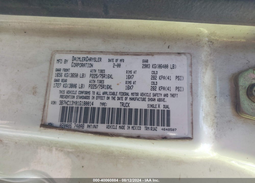 2001 DODGE RAM 1500 ST VIN: 3B7HC13Y01G180014