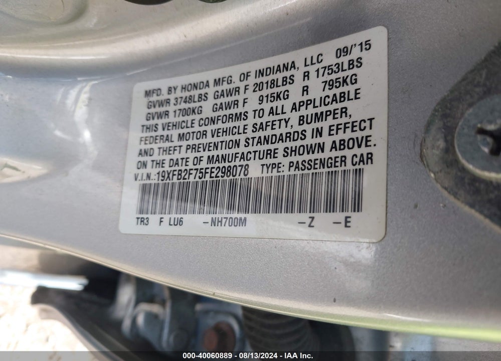 2015 HONDA CIVIC SE VIN: 19XFB2F75FE298078