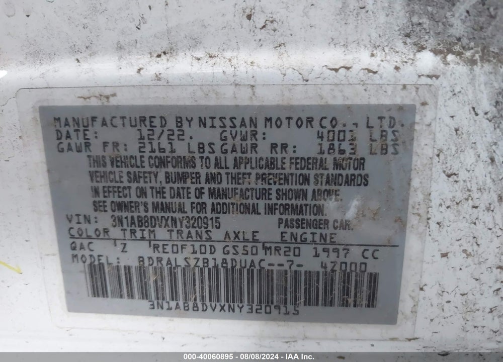2022 NISSAN SENTRA SR XTRONIC CVT VIN: 3N1AB8DVXNY320915