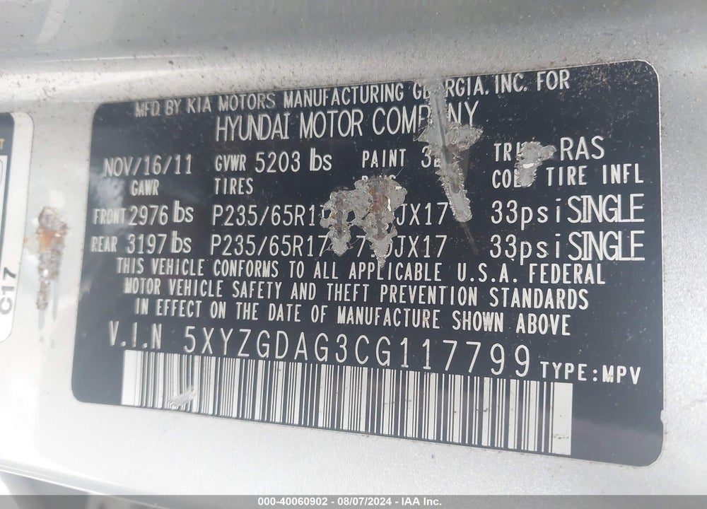 2012 HYUNDAI SANTA FE GLS V6 VIN: 5XYZGDAG3CG117799
