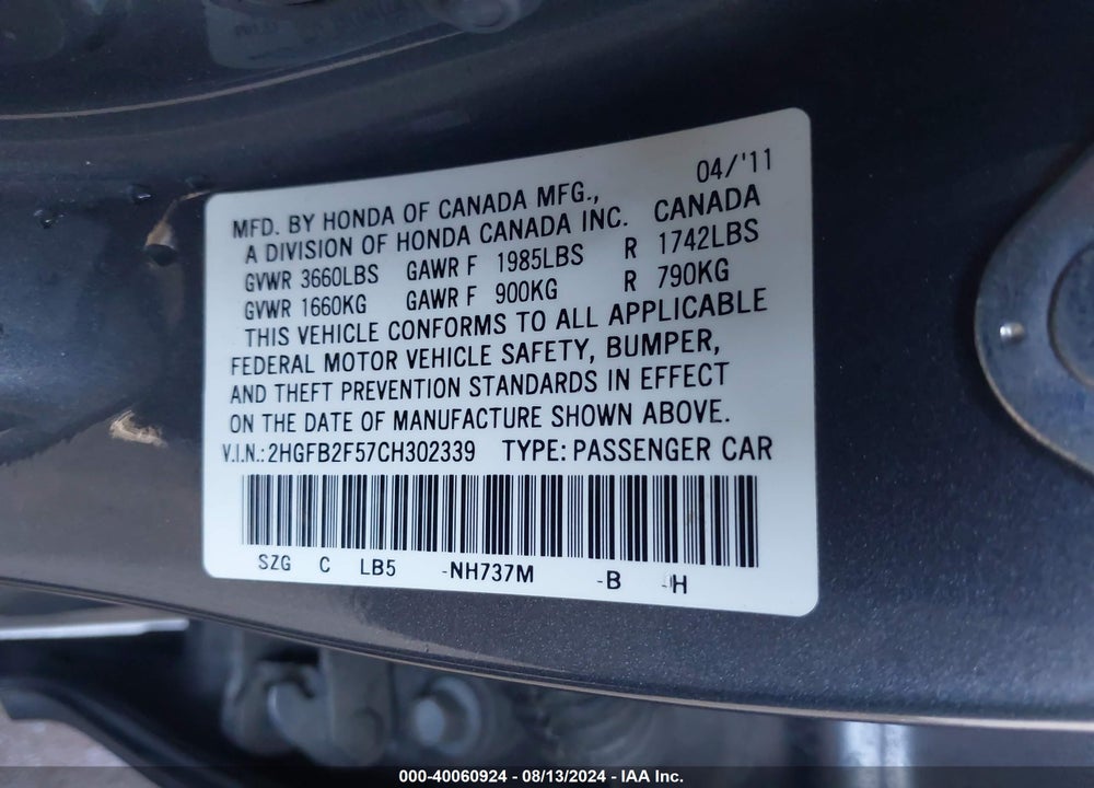 2012 HONDA CIVIC LX VIN: 2HGFB2F57CH302339
