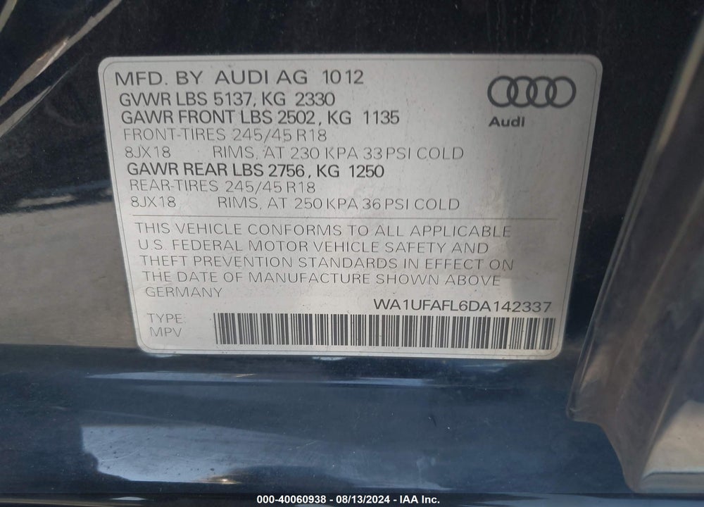 2013 AUDI ALLROAD 2.0T PREMIUM PLUS VIN: WA1UFAFL6DA142337