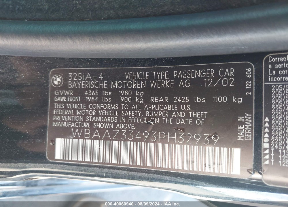 2003 BMW 325I VIN: WBAAZ33493PH32939