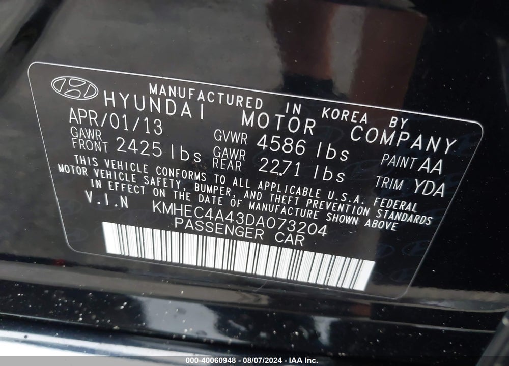 2013 HYUNDAI SONATA HYBRID VIN: KMHEC4A43DA073204